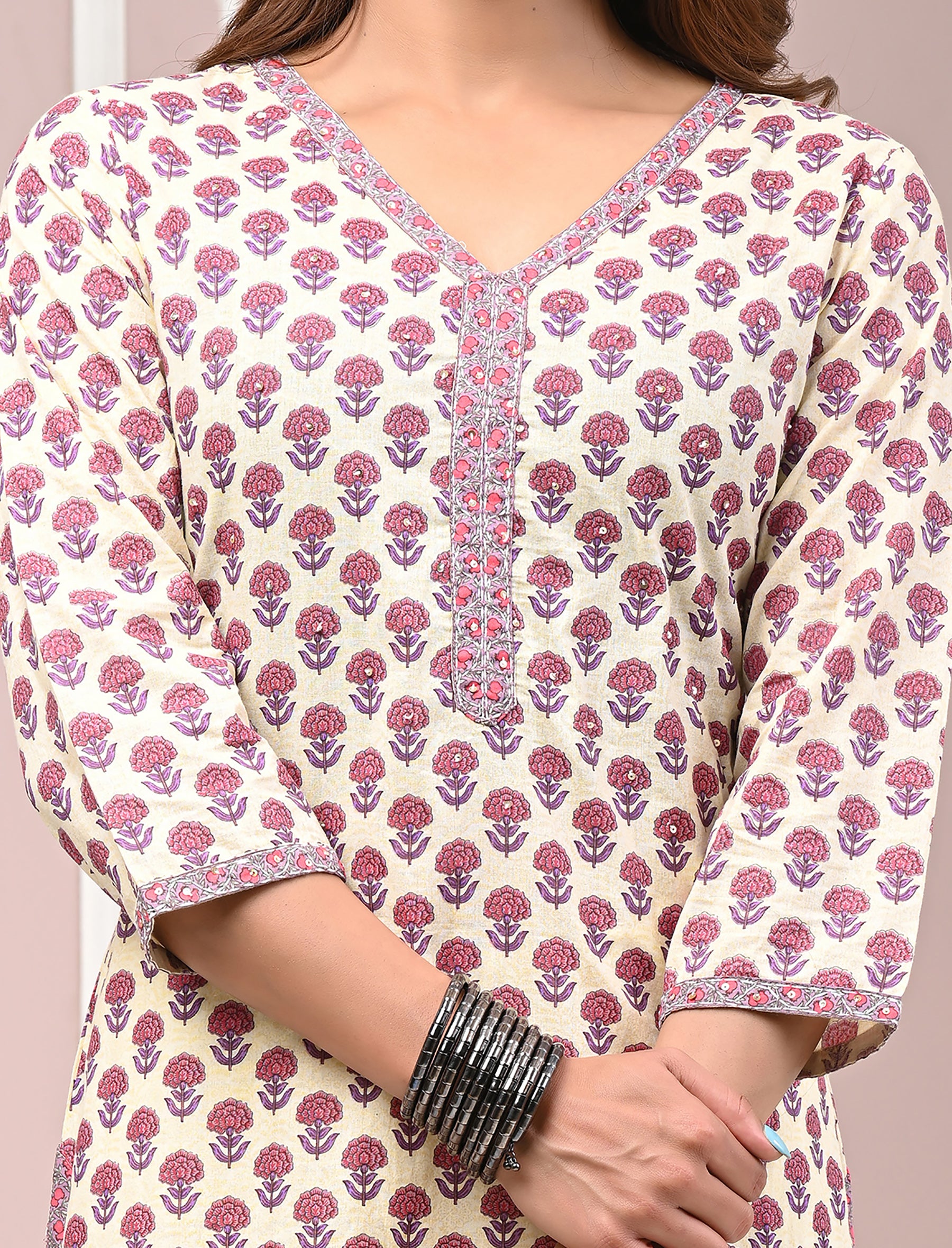 Purple Butti Block Printed Cotton Straight Kurti