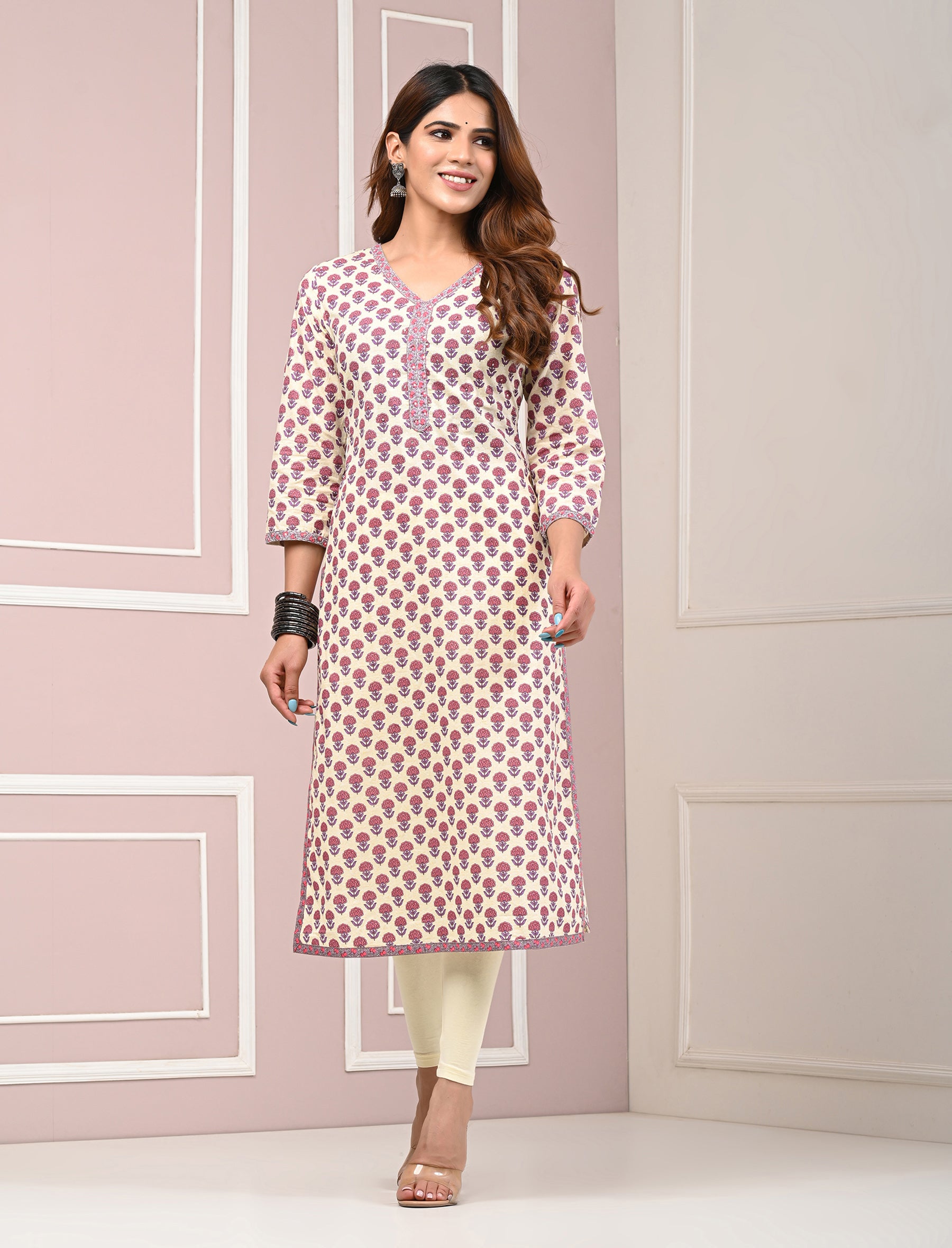 Purple Butti Block Printed Cotton Straight Kurti