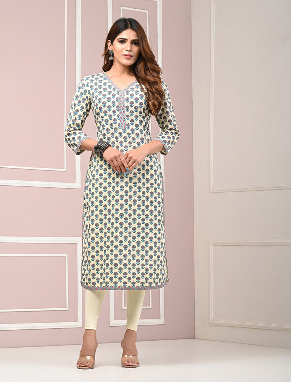 Sea Green Butti Block Printed Cotton Straight Kurti