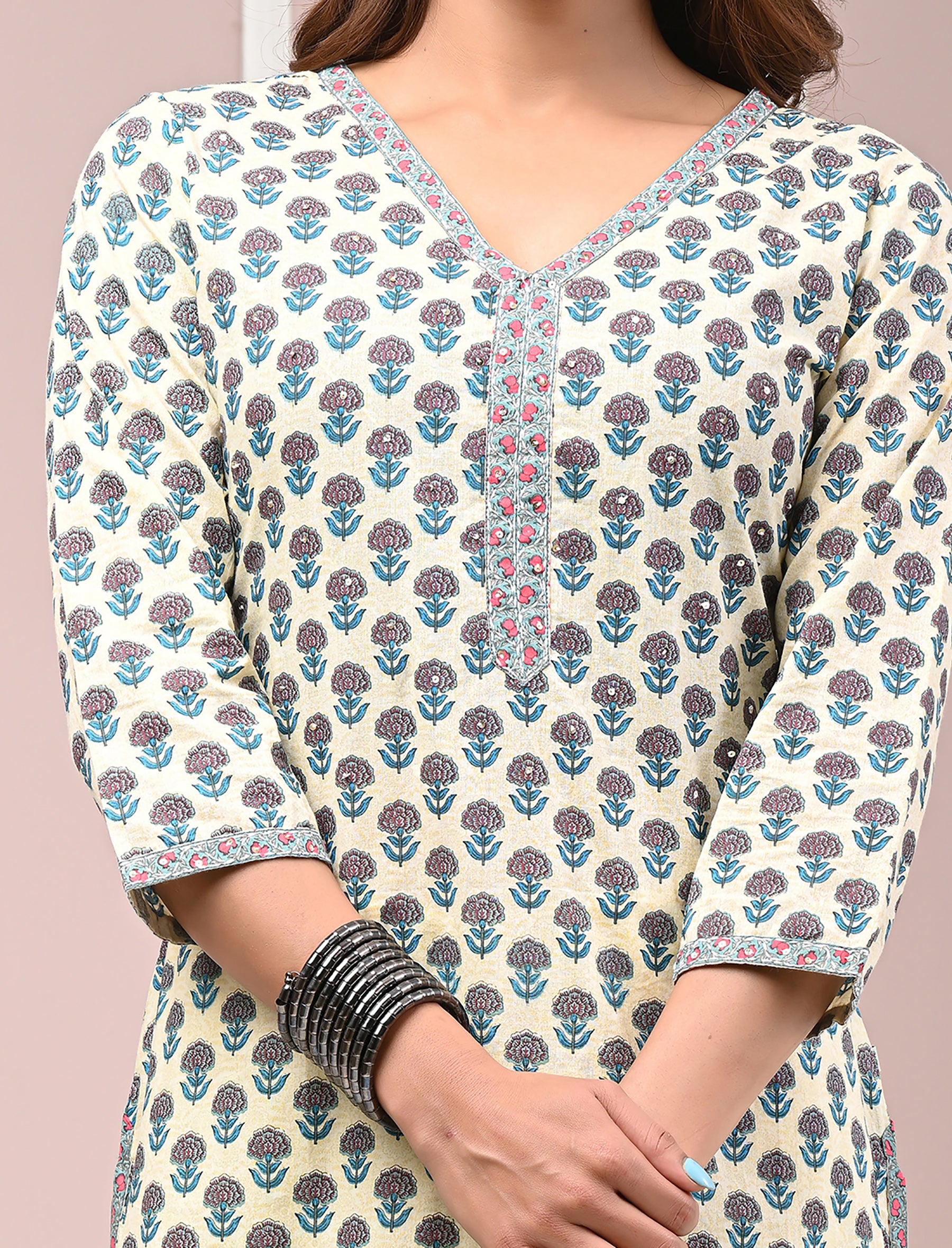 Sea Green Butti Block Printed Cotton Straight Kurti