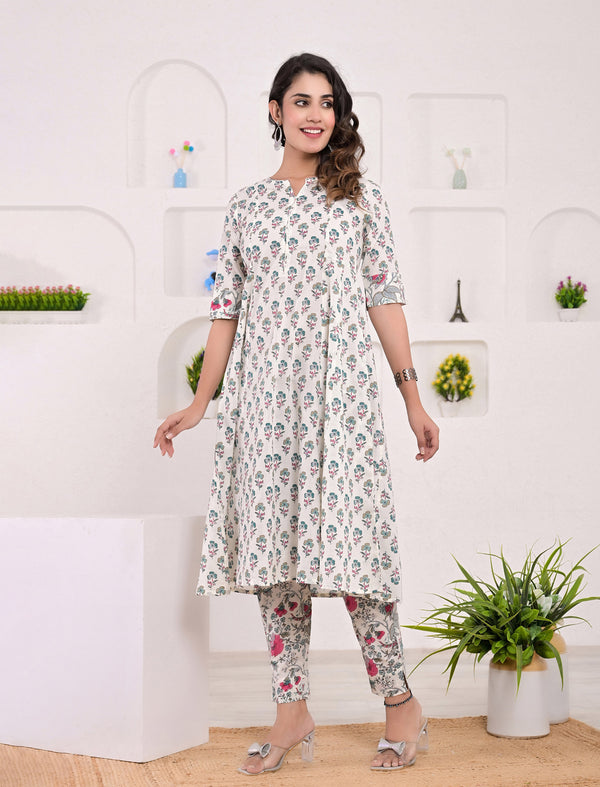 White Green Printed Cotton Block Printed Pant Set