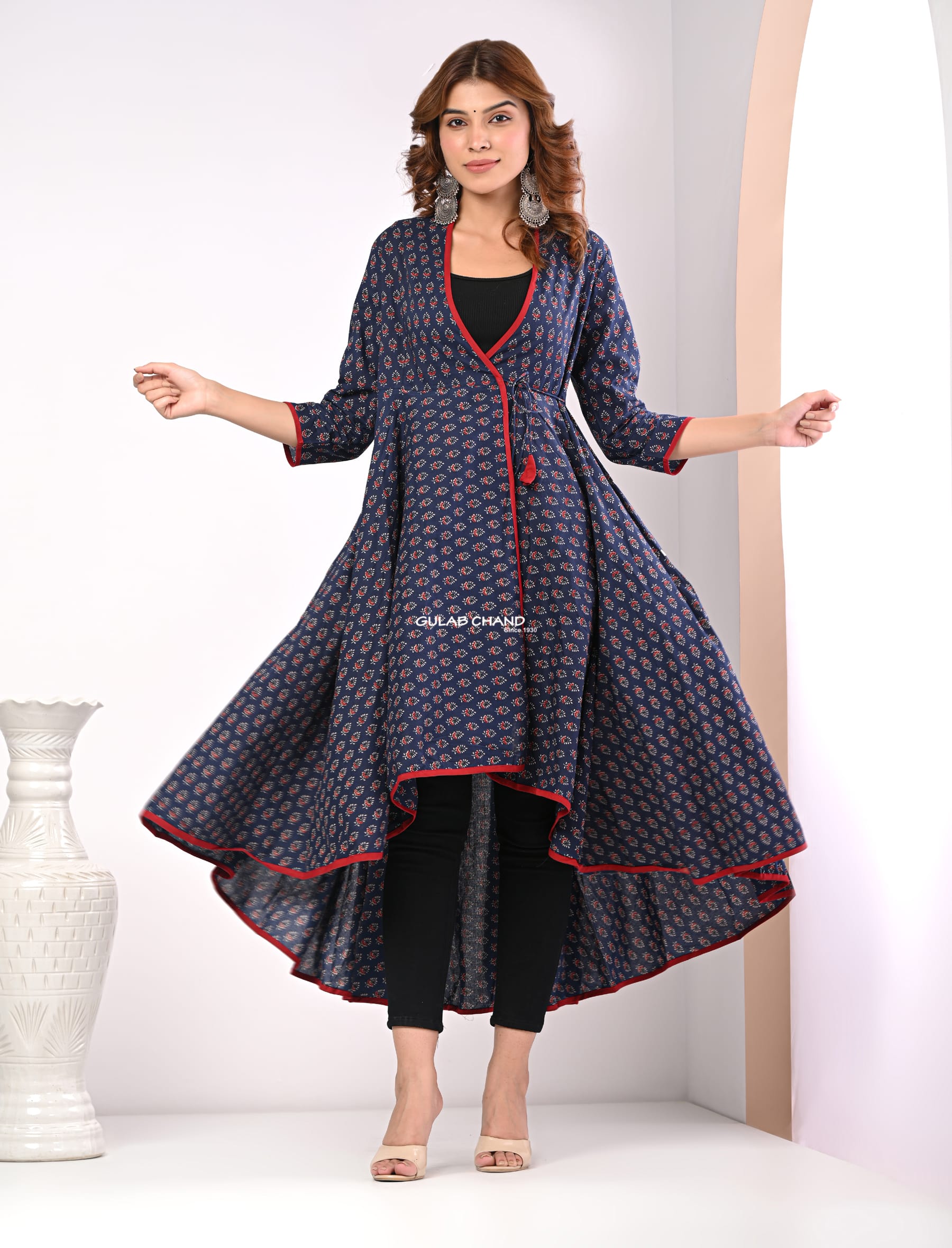 Navy Butta Cotton Block Printed Long Dress