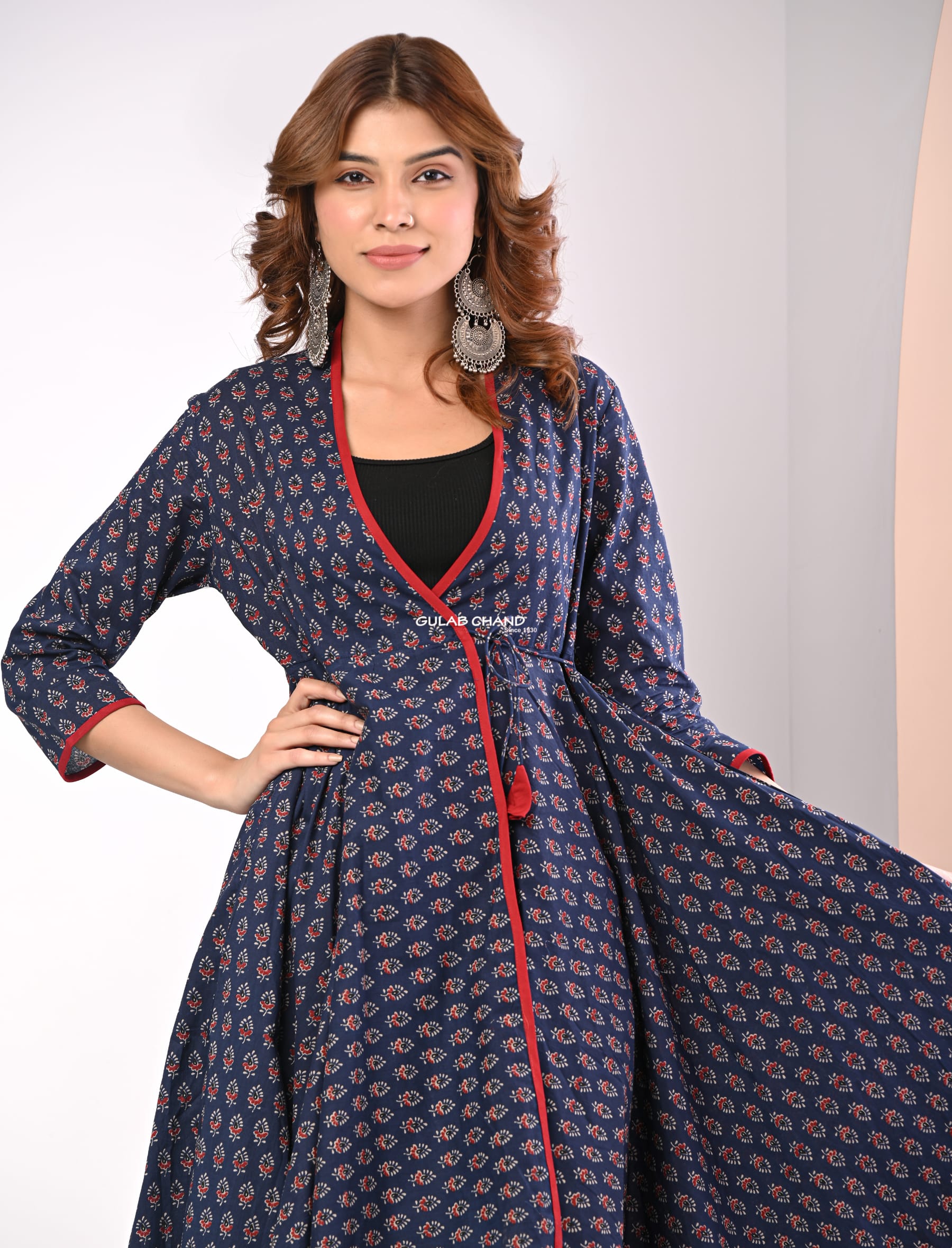 Navy Butta Cotton Block Printed Long Dress