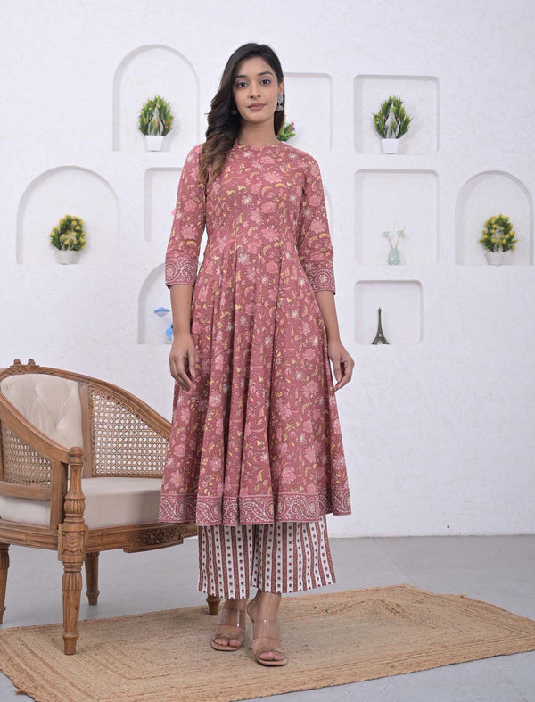 Mauve Cotton Printed Anarkali Kurta Pant Set