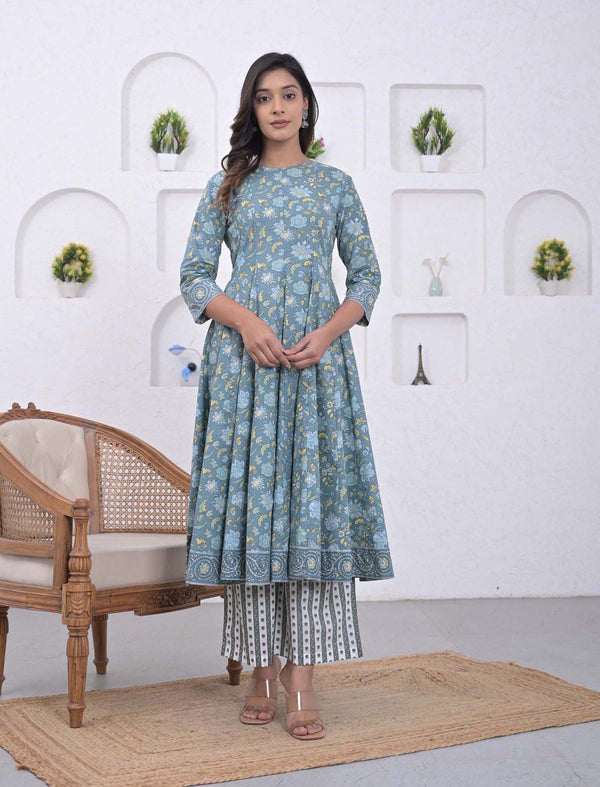 Sea Blue Cotton Printed Anarkali Kurta Pant Set