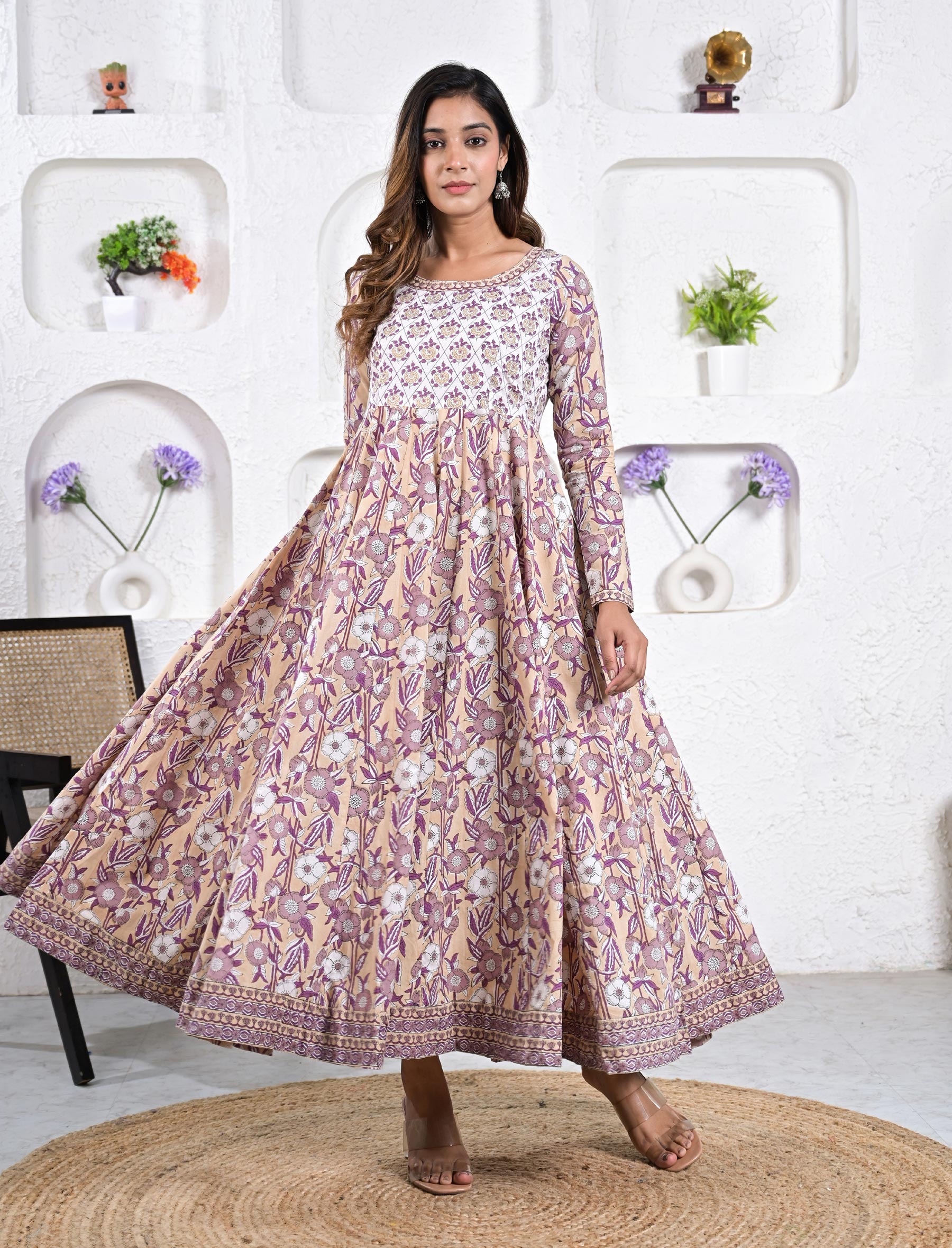 Beige Long Block Printed Cotton Long Dress