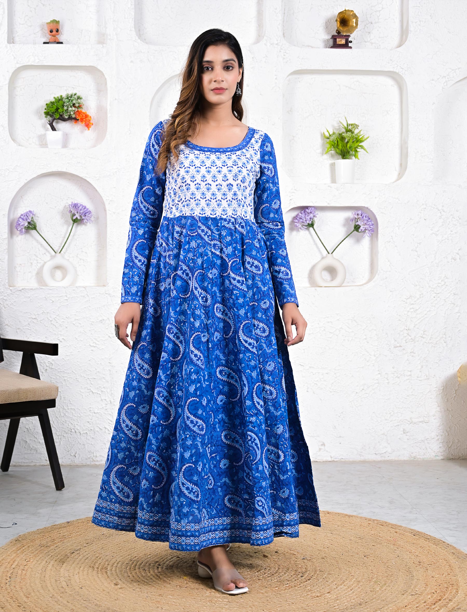 Blue Long Block Printed Cotton Long Dress