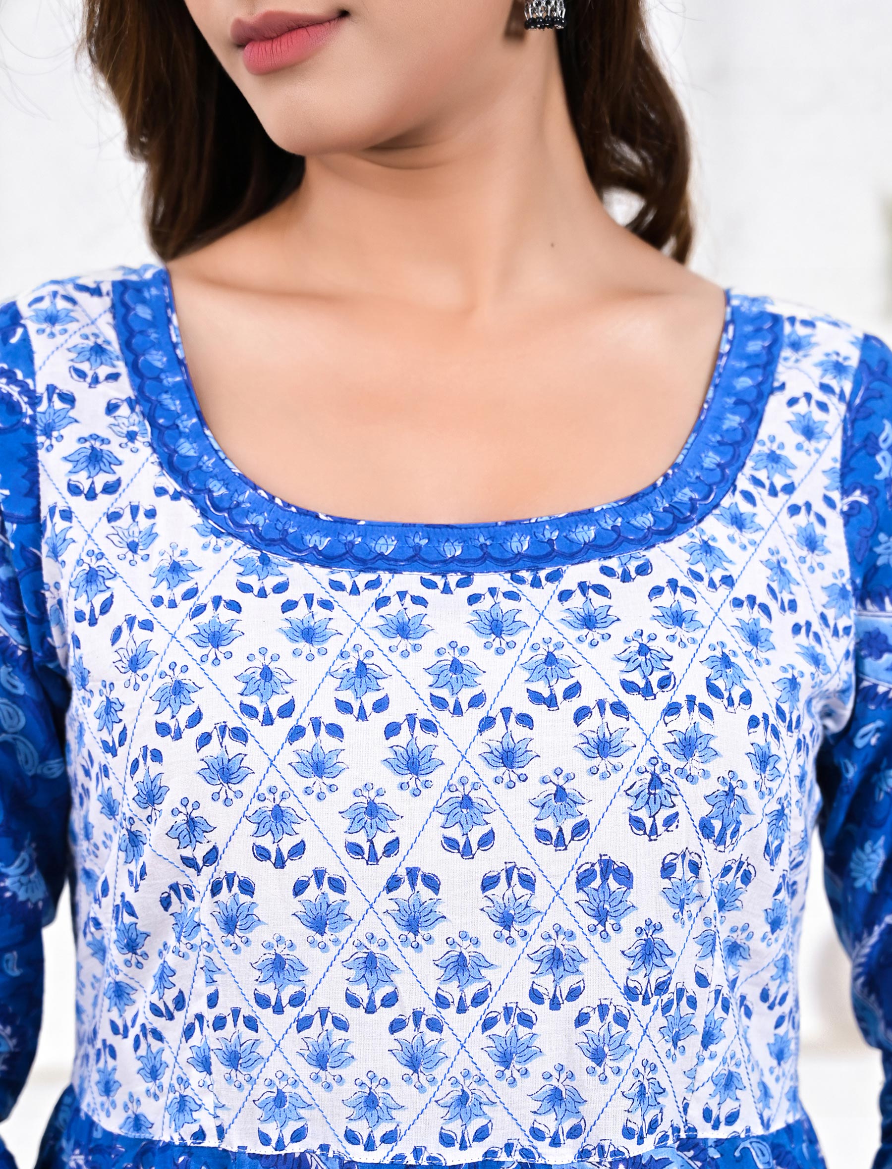 Blue Long Block Printed Cotton Long Dress