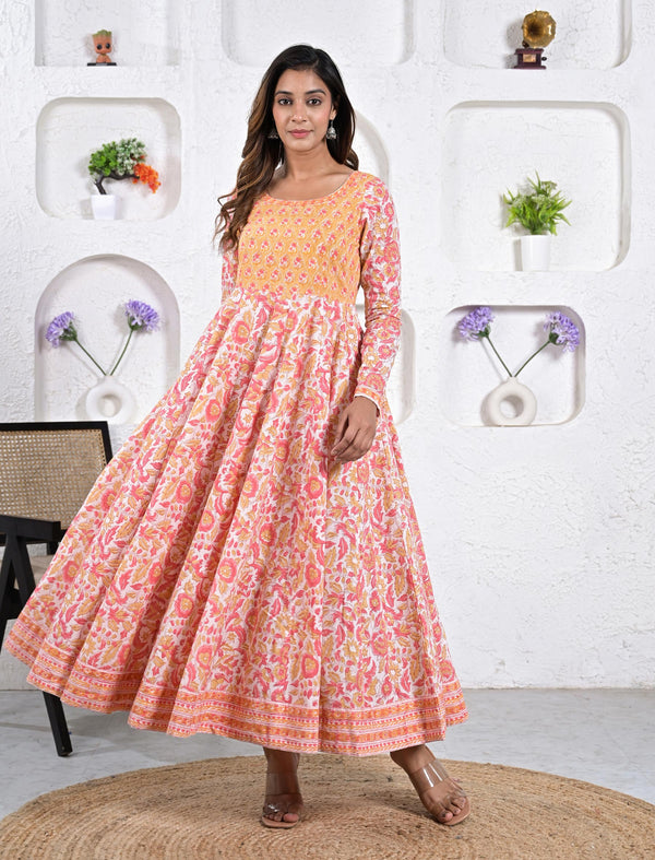 Orange Long Block Printed Cotton Long Dress