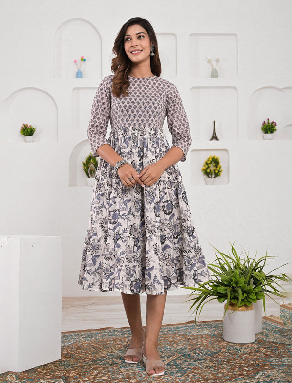 White Grey Jaal Cotton Printed Dress