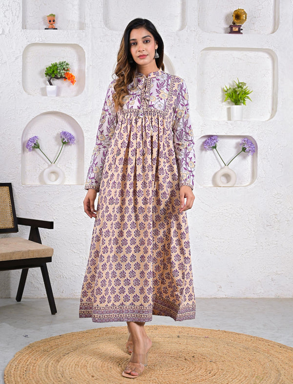 Cream Long Block Printed Cotton Long Dress