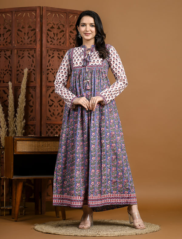 Blue Long Block Printed Cotton Long Dress