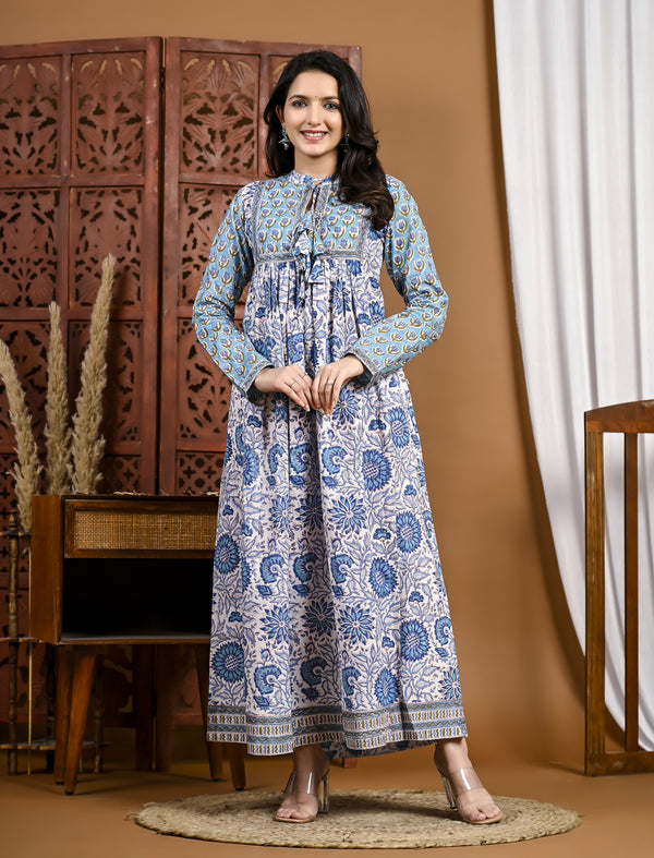 Blue Jaal Long Block Printed Cotton Long Dress