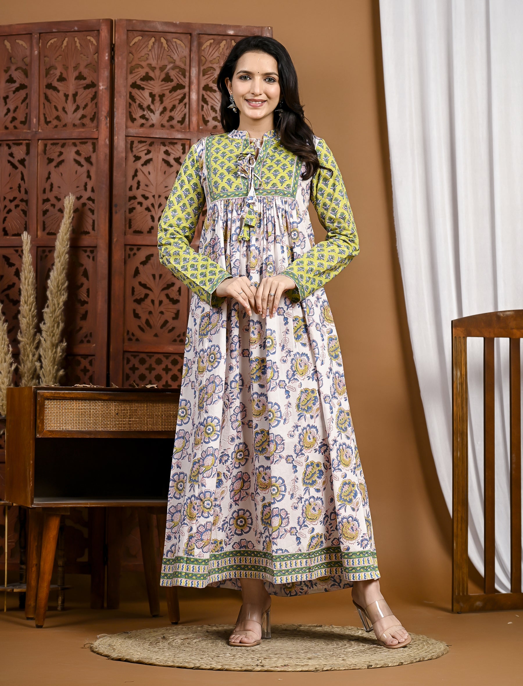 Green Long Block Printed Cotton Long Dress