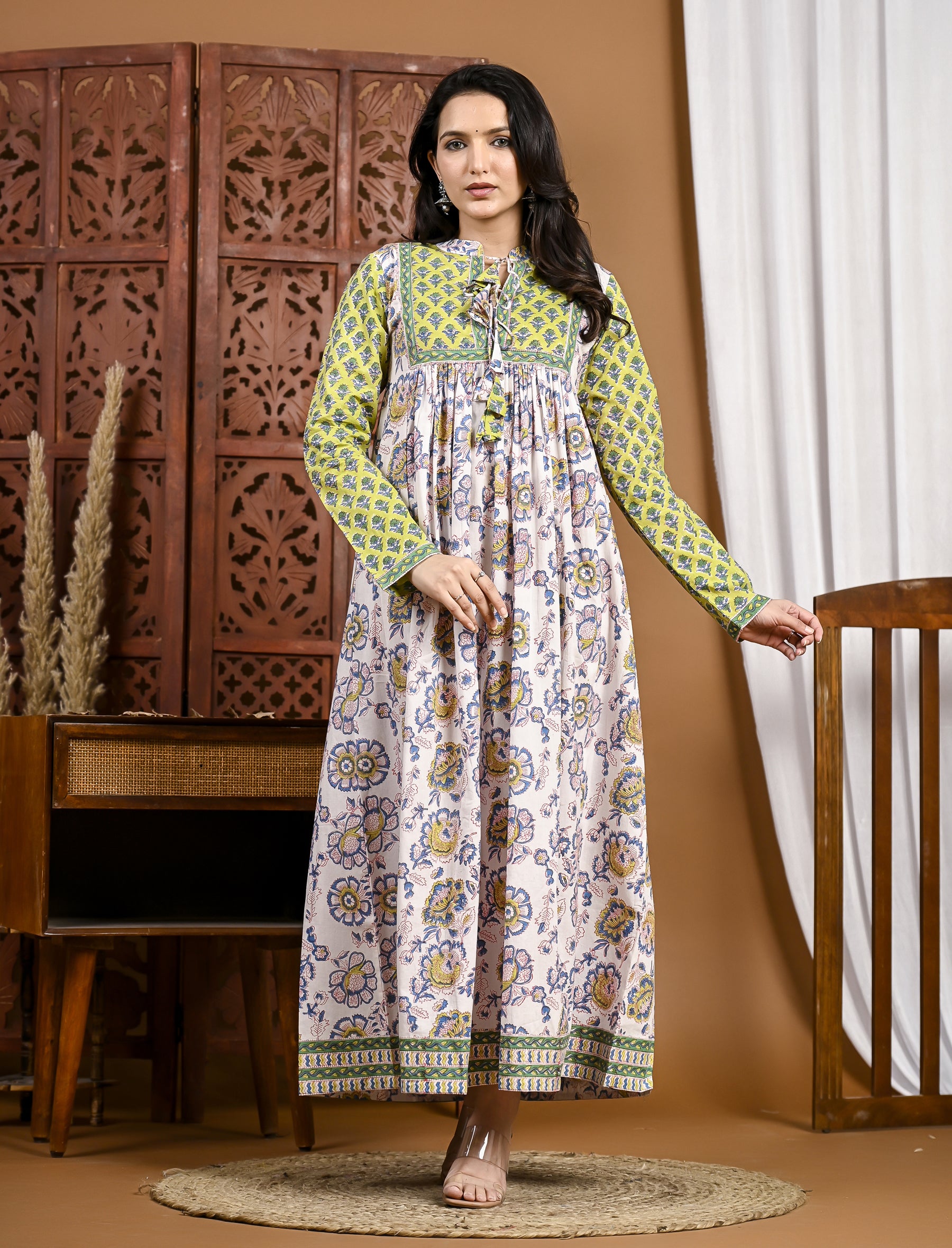 Green Long Block Printed Cotton Long Dress