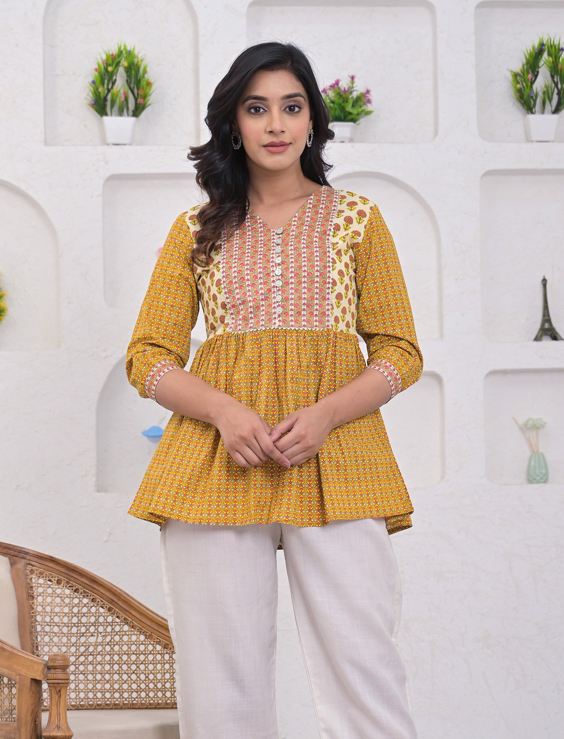 Mustard Cotton Printed Short Top