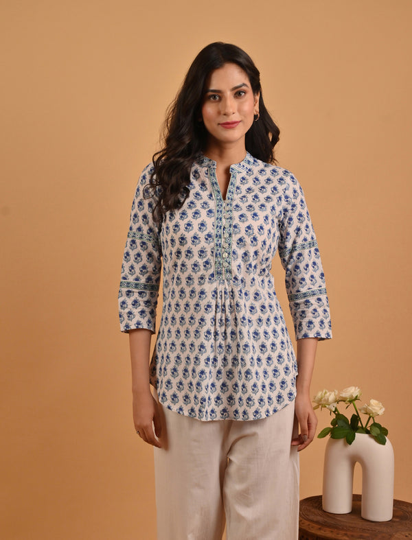 Blue Block Printed Cotton Top