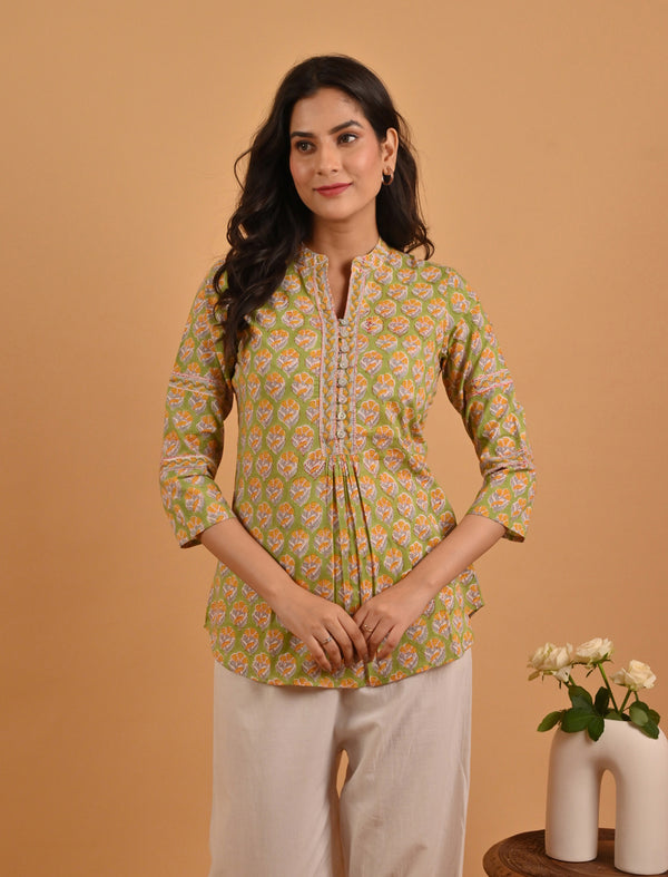 Green Block Printed Cotton Top