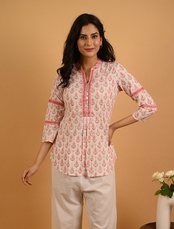 Peach Block Printed Cotton Top