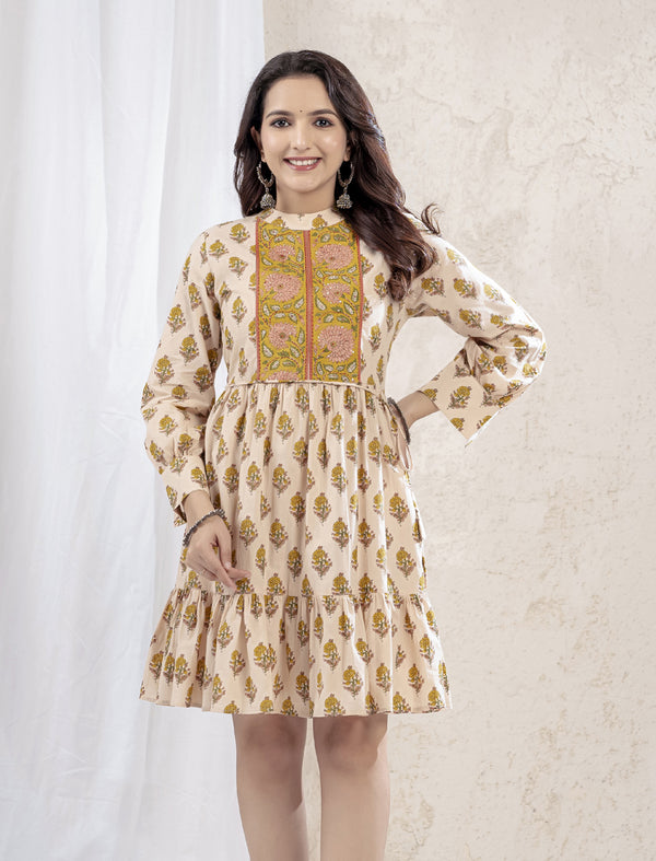 Beige Mustard Butti Printed Cotton Knee Length Dress