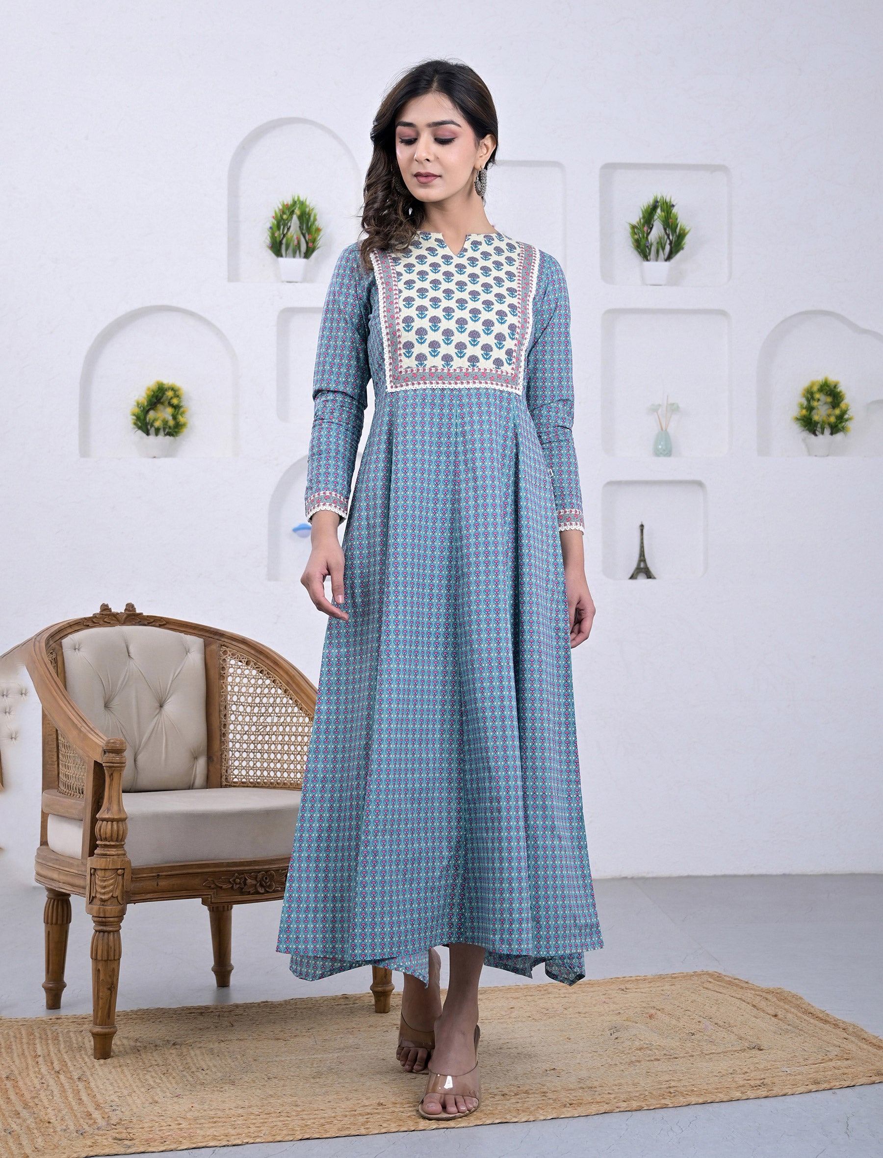 Cotton Blue Block Printed Long Dress