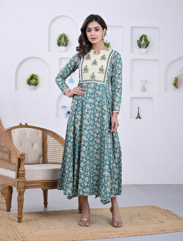 Cotton Firozi Block Printed Long Dress