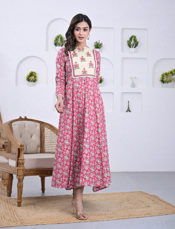 Cotton Pink Block Printed Long Dress