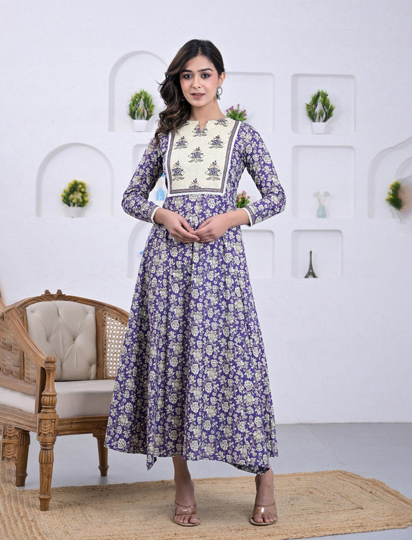 Cotton Violet Block Printed Long Dress