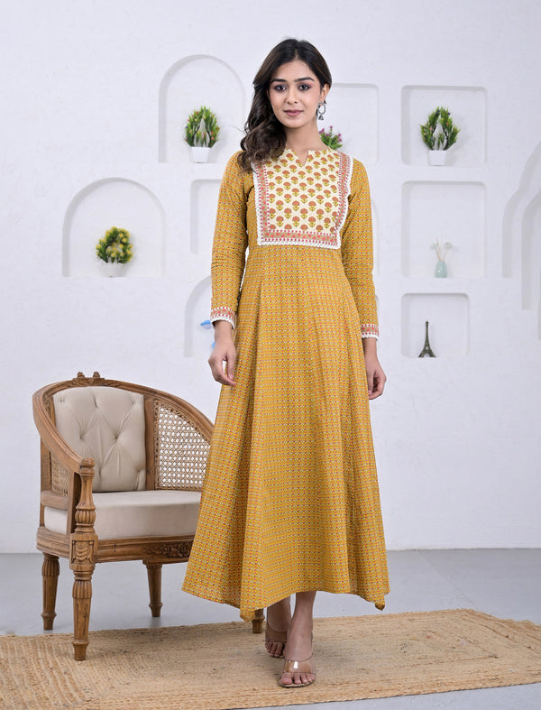 Cotton Yellow Block Printed Long Dress