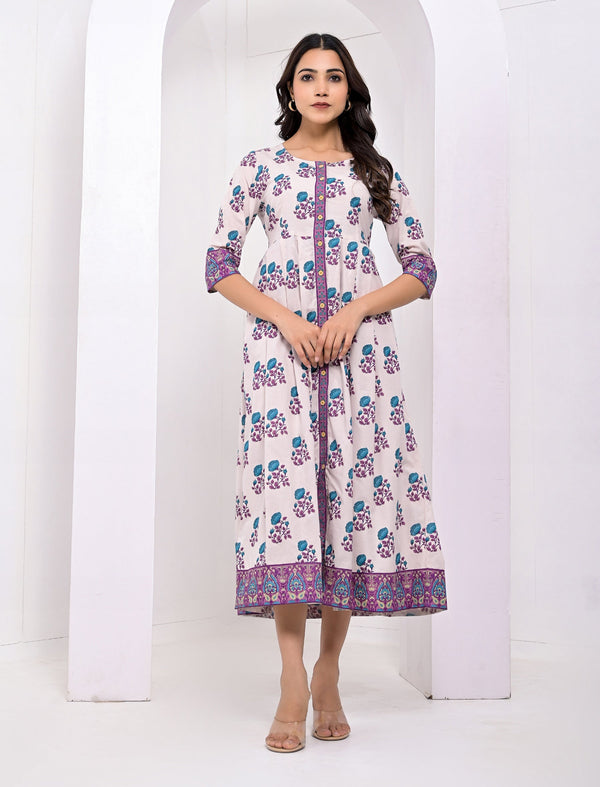 Blue Flower Block Printed Cotton Dress