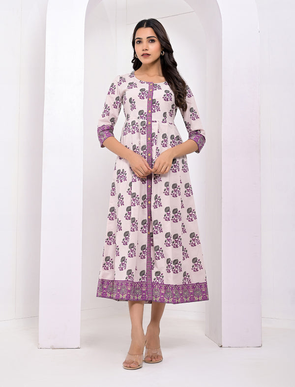 Grey Flower Block Printed Cotton Dress