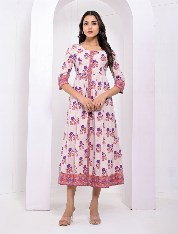 Violet Flower Block Printed Cotton Dress