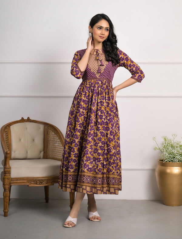 Purple Block Printed Long Cotton Dress