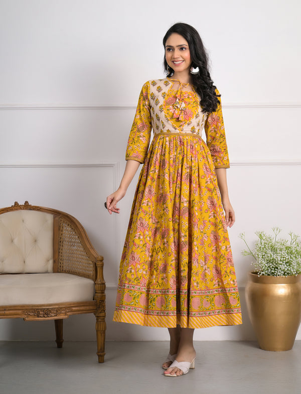 Yellow Block Printed Long Cotton Dress