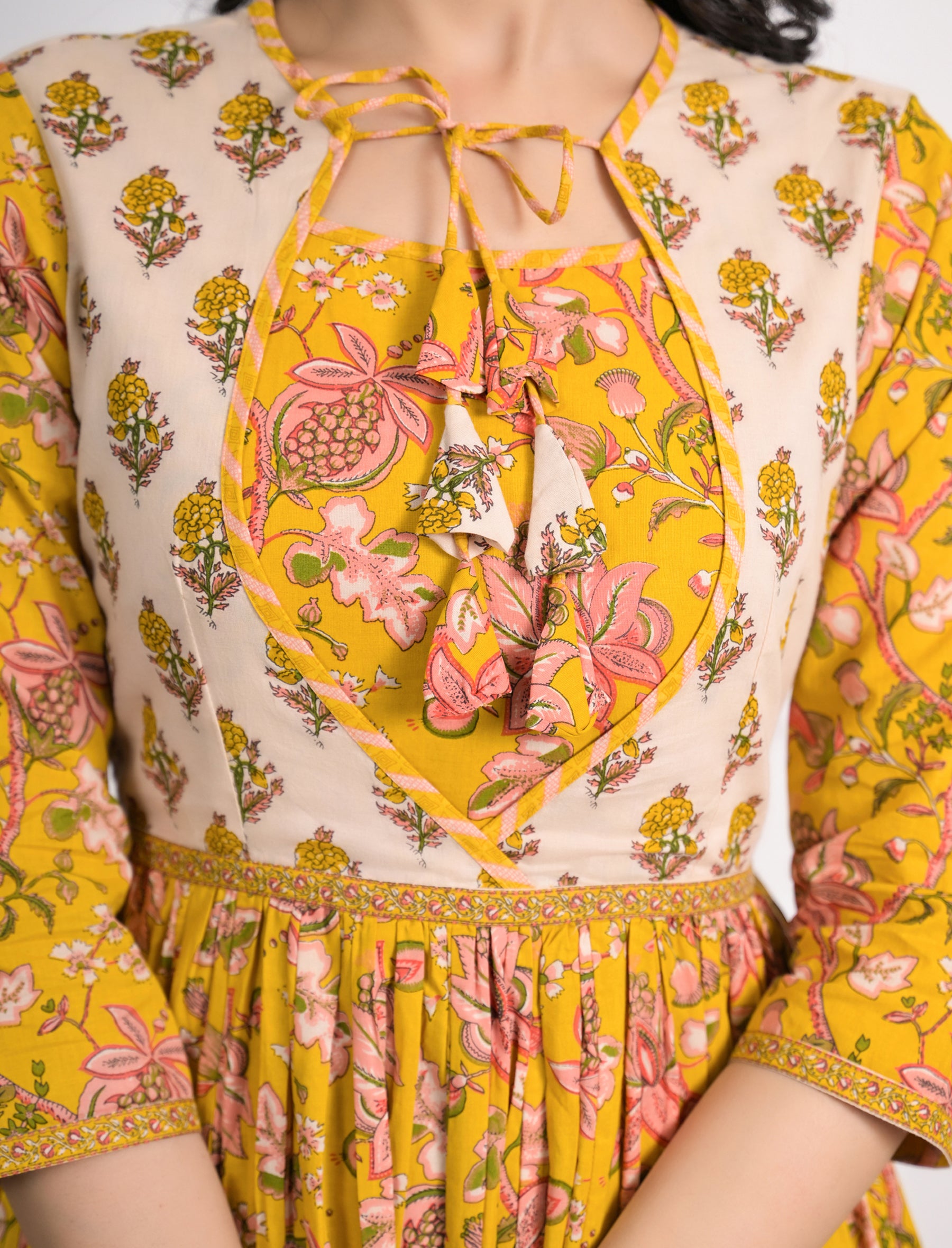 Yellow Block Printed Long Cotton Dress