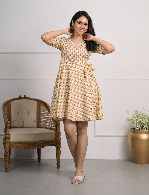 Cream Pink Butti Cotton Printed Wrap Dress