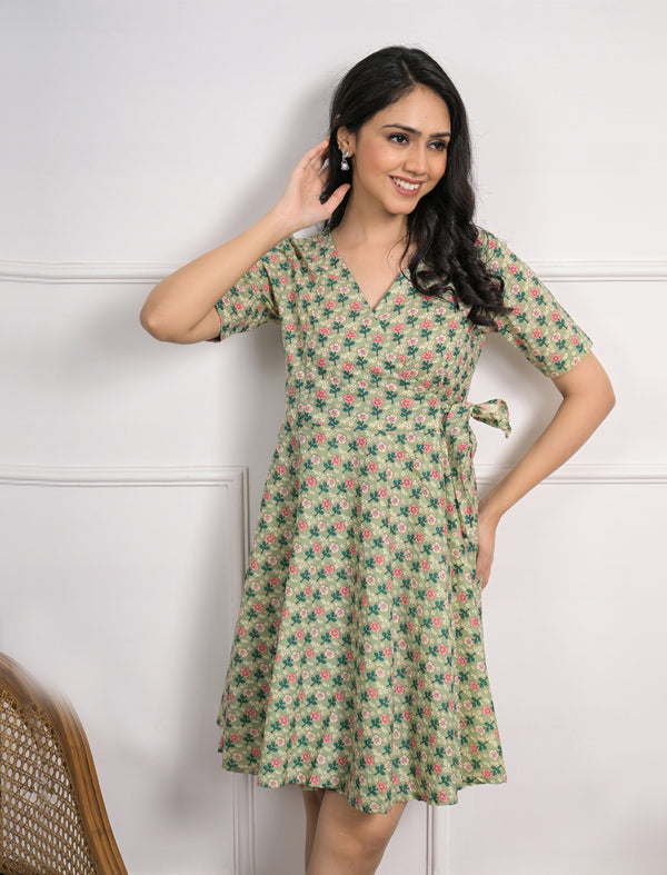 Green Butti Cotton Printed Wrap Dress