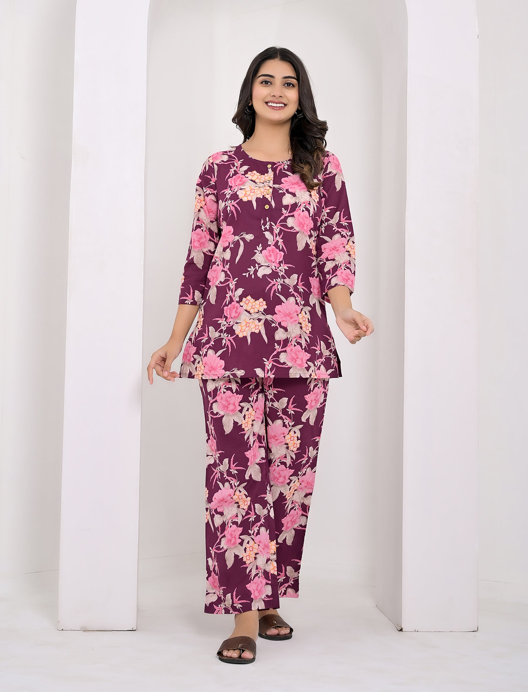 Magenta Floral Printed Cotton Co-Ord Set