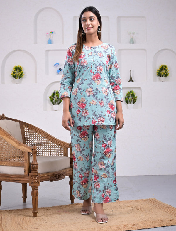 Firozi Flower Printed Cotton Co-Ord Set