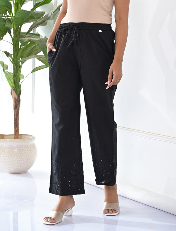 Black Cotton Solid Pant With Kantha Lining At Bottom