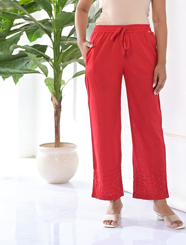 Crimson Cotton Solid Pant With Kantha Lining At Bottom