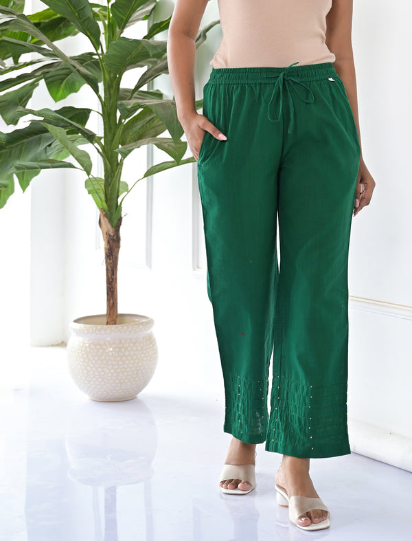 Green Cotton Solid Pant With Kantha Lining At Bottom