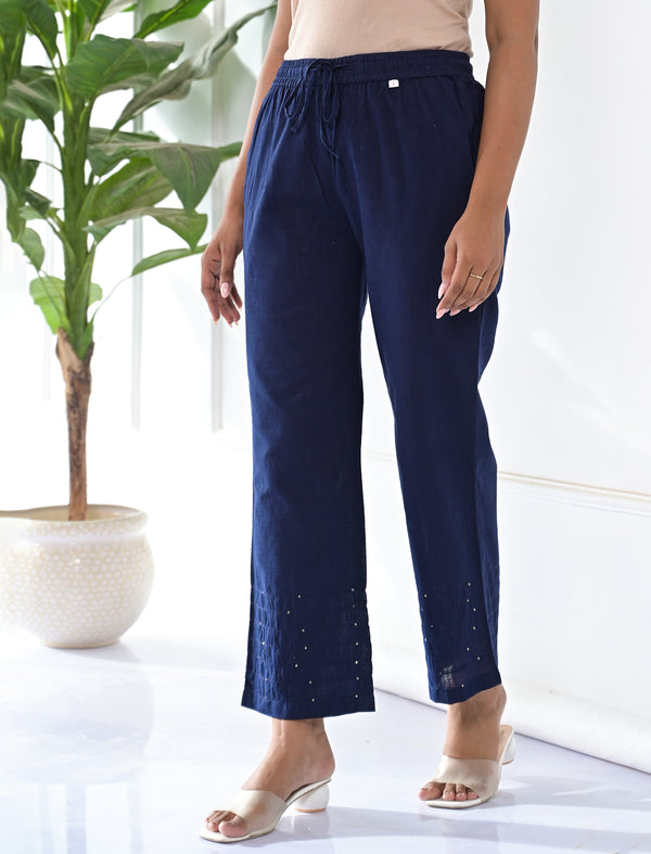 Navy Cotton Solid Pant With Kantha Lining At Bottom