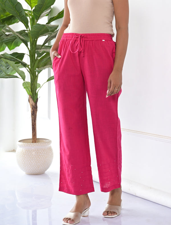 Pink Cotton Solid Pant With Kantha Lining At Bottom