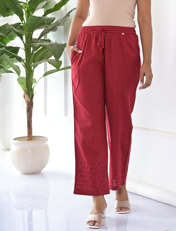 Red Cotton Solid Pant With Kantha Lining At Bottom
