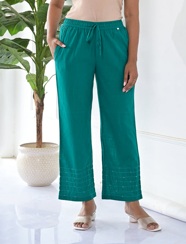 Sea Blue Cotton Solid Pant With Kantha Lining At Bottom