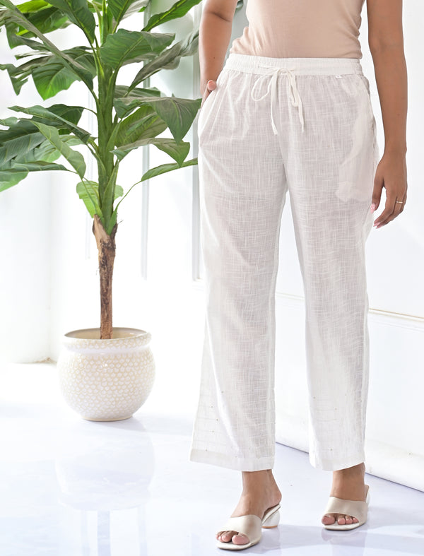 White Cotton Solid Pant With Kantha Lining At Bottom