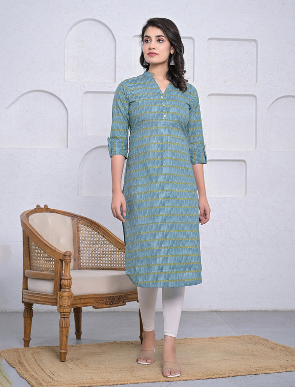 Cotton Block Printed Blue Straight Kurti