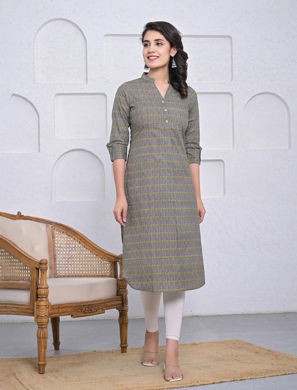 Cotton Block Printed Grey Straight Kurti