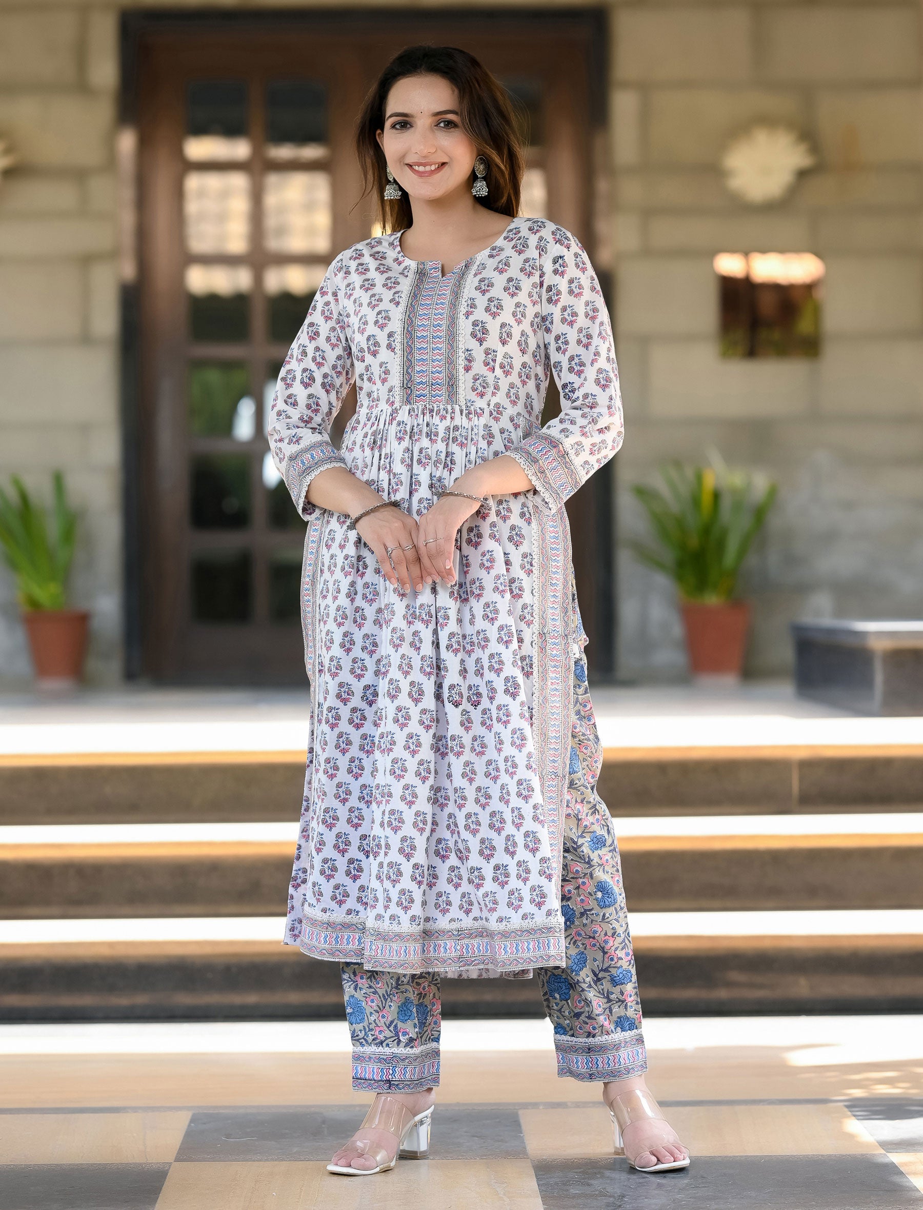 Grey Block Printed Cotton Pant Set